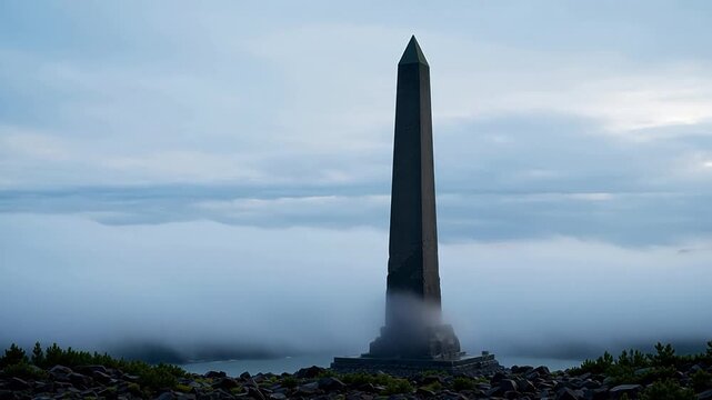 Tall obelisk monument rising above fog