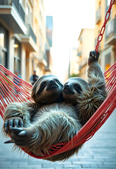 Fototapeta premium Two sloths relaxing together in a red hammock in urban street