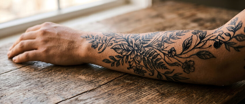detailed close-up of a nature-inspired blackwork tattoo on a person's forearm featuring intricate ferns and leaves resting on a rustic wooden table under natural light