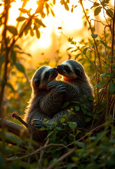Fototapeta premium Two affectionate baby sloths embracing in natural habitat at golden hour