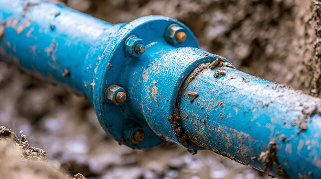 Close-up of a blue metal water pipe with a bolted flange joint, partially buried in muddy soil. Represents essential infrastructure, plumbing work, or utility maintenance concepts.