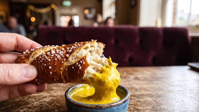 Handheld tracking shot of hand dipping soft pretzel into mustard bowl on wooden table inside cozy pub with blurred patrons and warm ambient lighting