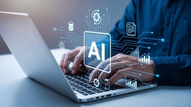 Businessman working on laptop with AI technology, artificial intelligence concept, futuristic workspace, innovation and automation