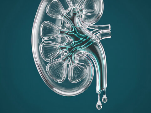 Transparent glass human kidney anatomical cross section showing internal renal calyx structures with liquid droplets