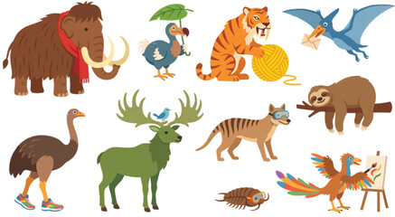 Fototapeta premium Funny Cartoon Extinct and Prehistoric Animals Collection Vector Illustration Set