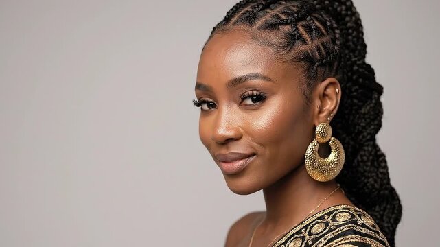 Slow dolly tracking shot of woman turning from profile to three quarter view then smiling in studio portrait with warm beige background and gold earrings