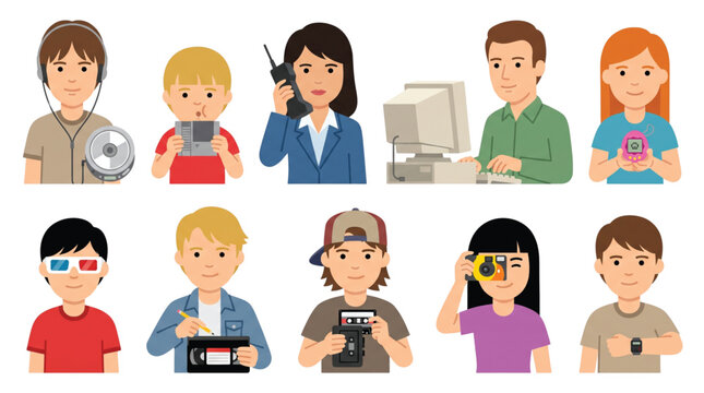 People and Technology Evolution: Diverse Characters with Retro and Modern Gadgets Vector Illustration Set
