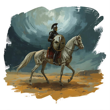 Medieval knight riding a horse. Warrior in armor with shield on a stallion.