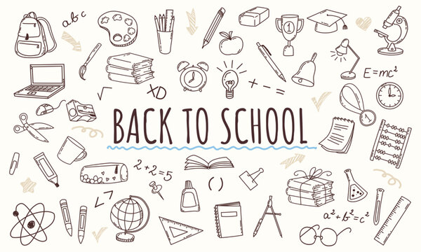 Hand drawn Back to school elements. Vector doodle cliparts, school supplies icon set, education stationary, isolated graphics, microscope, book, pencil, backpack, laptop.