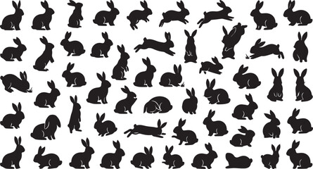 Fototapeta premium Multiple black rabbit silhouettes. Various bunny poses on white background