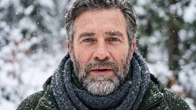 Slow motion close up of bearded man blinking and smiling while snow falls in quiet snowy forest during daytime winter, static handheld portrait showing facial expression and scarf