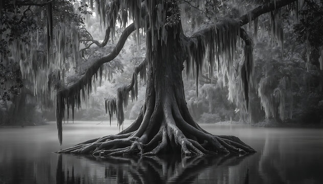 Ancient oak tree with hanging moss. Majestic swamp tree in a misty black and white forest.