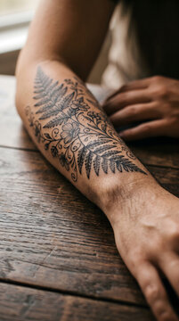 Vertical close-up of a person's forearm with an intricate botanical blackwork fern tattoo resting on a rustic wooden table, nature-inspired body art and self-expression lifestyle concept