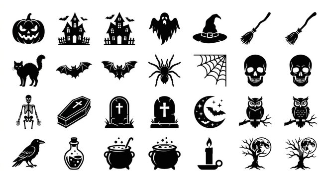 Halloween spooky silhouette vector icon set, unique scary holiday elements in clean grid, pumpkin haunted house ghost witch skull bat spider coffin, solid black shapes isolated on white background