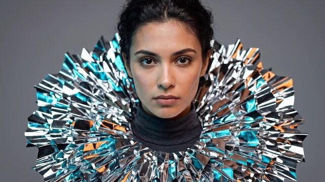 Slow dolly zoom of woman model close up wearing metallic ruffle collar posing and staring in studio with neutral gray backdrop, cool blue and warm highlights, serious mood