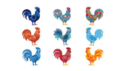 Decorative colorful rooster characters set with geometric floral patchwork and folk art patterns cartoon vector illustrations collection © moinul