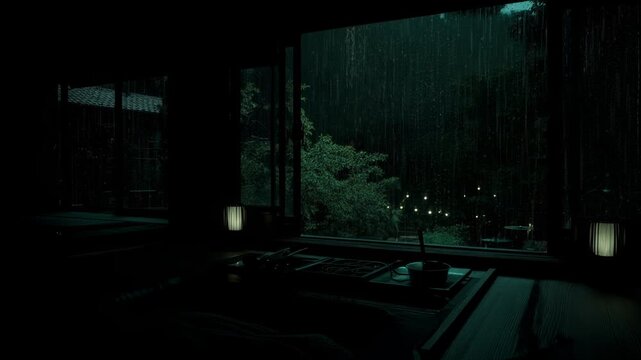Rainy Forest Night Viewed from Cozy Cabin Interior with Calm Nature Ambience