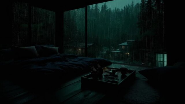 Rainy Forest Night Viewed from Cozy Cabin Interior with Calm Nature Ambience