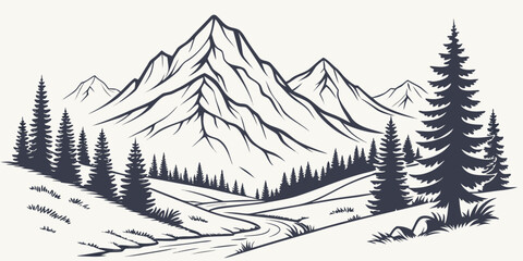 Black and white mountain landscape with snow-capped peaks and pine trees © Mamun