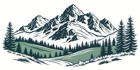 Snow-covered mountain peaks, pine forest, and serene lake © Mamun