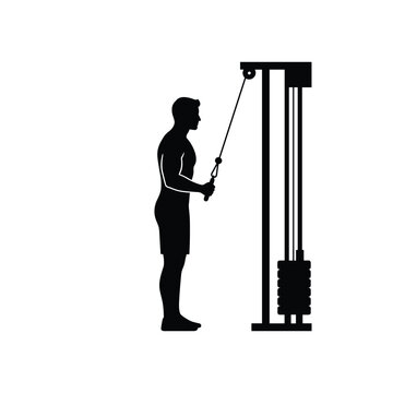 Silhouette of a man performing triceps pushdowns on a cable machine, focusing on arm definition and muscle development.