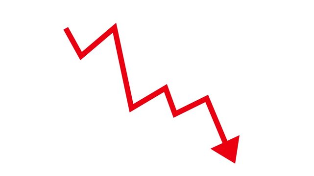 Red zigzag arrow pointing downward representing decline, loss, decrease, and negative trend for business, Motion graphics of business arrow concept