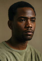 Obraz premium Thoughtful black man in casual clothing indoors