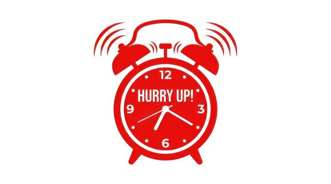 Red alarm clock with hurry up text. Time running out concept