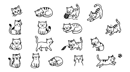 Cute cartoon cat line icons set featuring playful kittens sleeping stretching walking playing with yarn and sitting poses elements © Mohammad