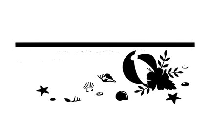 Summer beach vacation black silhouette layout featuring inflatable beach ball tropical hibiscus flowers seashells starfish and seashore sand border elements © Mohammad