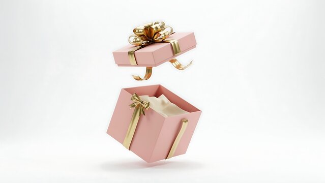 Open pink gift box with golden ribbon a surprise inside