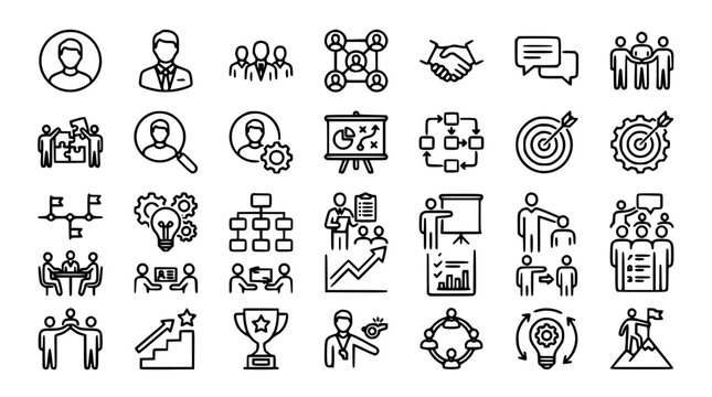 Business teamwork and corporate management line icons mega set featuring collaboration partnership leadership career growth and office strategy elements