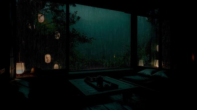 Dark Rainy Night in Forest Cabin with Relaxing Window View and Nature Sounds