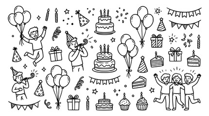 Fototapeta premium Happy birthday celebration doodle icon set featuring people party elements, cakes, balloons, gifts, and decorations for festive graphic design projects