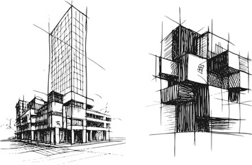 近代的な高層ビルと幾何学的なモジュール構造のコンセプトの建築画 © Abdul