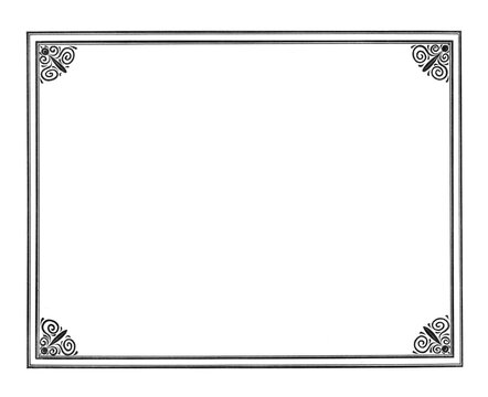 Vintage elegant line art border frame overlay isolated on transparent background (png). Antique monochrome corner stencil and classical lace template with blank copy space for mockup design.