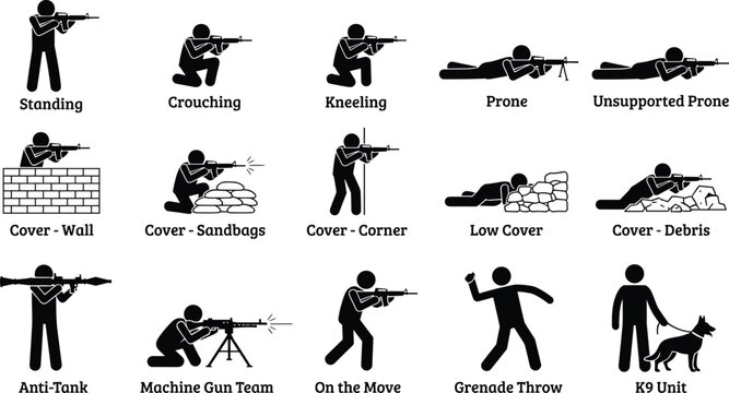 Military soldier stick figures icons showing combat shooting positions tactics cover weapons machine gun grenade and K9 unit vector
