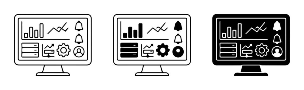 Computer dashboard silhouette icons analytics charts settings user profile, business data analysis