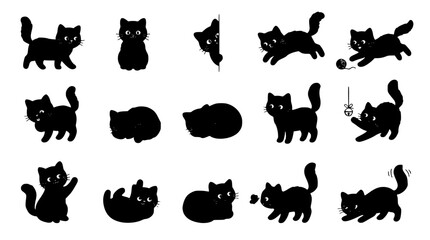 Funny black cat character silhouette icon set featuring cute kittens playing with toys, peeking, and sleeping for creative graphic design © Mohammad