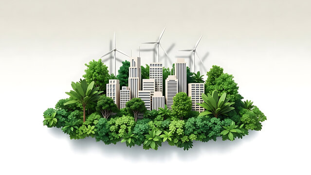 Paper craft style of a small island city with white buildings, wind turbines, and lush green trees isolated on a plain white background