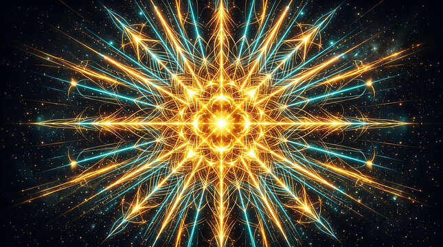 Abstract glowing golden and teal starburst mandala pattern with starburst abstract geometric symmetry spiritual radiating background brilliant