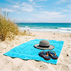 Obraz premium Summer beach essentials with hat flip flops and towel on sandy shore with ocean backdrop