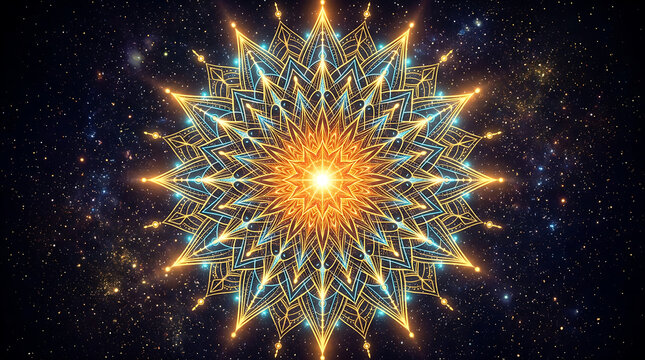 Intricate golden and teal symmetrical light mandala design with symmetry intricate abstract geometric shimmering radiating background brilliant