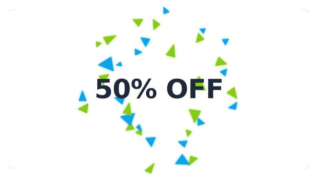 Dynamic motion video capturing colorful confetti celebrating 50 percent discount offer.