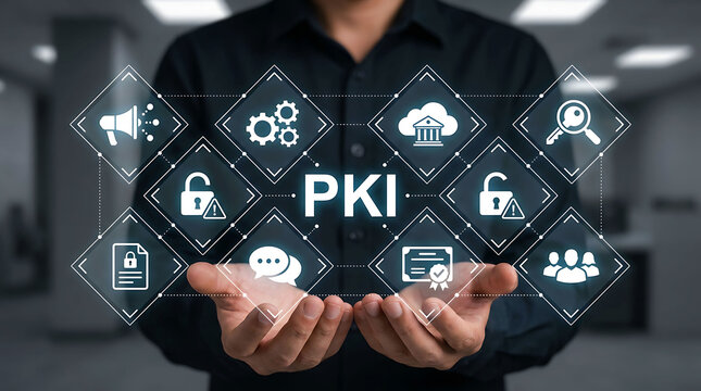 Man showing virtual PKI public key infrastructure cyber security network