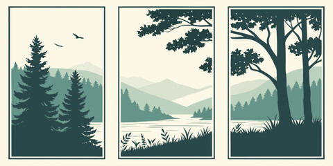 Pine trees silhouetted against misty mountain landscape © Mamun
