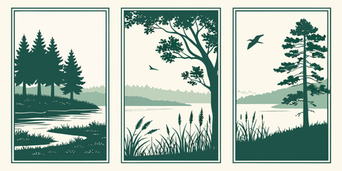 Pine trees silhouetted against lake and mountains at sunset © Mamun