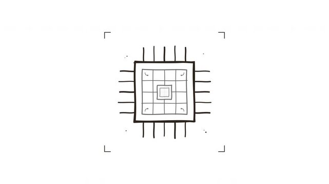 Computer Microchip CPU Processor Hand Drawn Sketch Animation with Pulsing Core on White Background