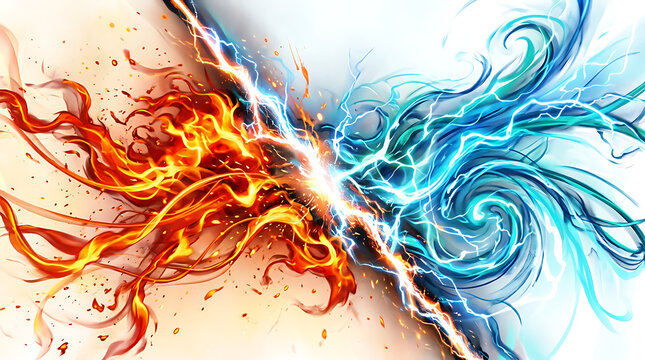 Abstract conceptual image of fire and ice collision with contrast elemental abstract background conceptual opposition colorful