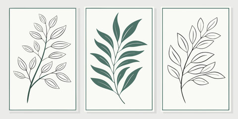 Fototapeta premium Minimalist line leaves, three vein patterns, black and white